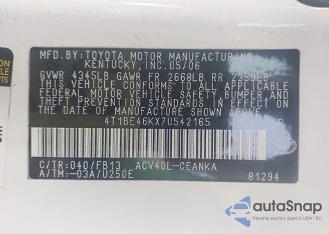 2007 Toyota Camry Le из США, поврежденный, VIN 4T1BE46KX7U542165